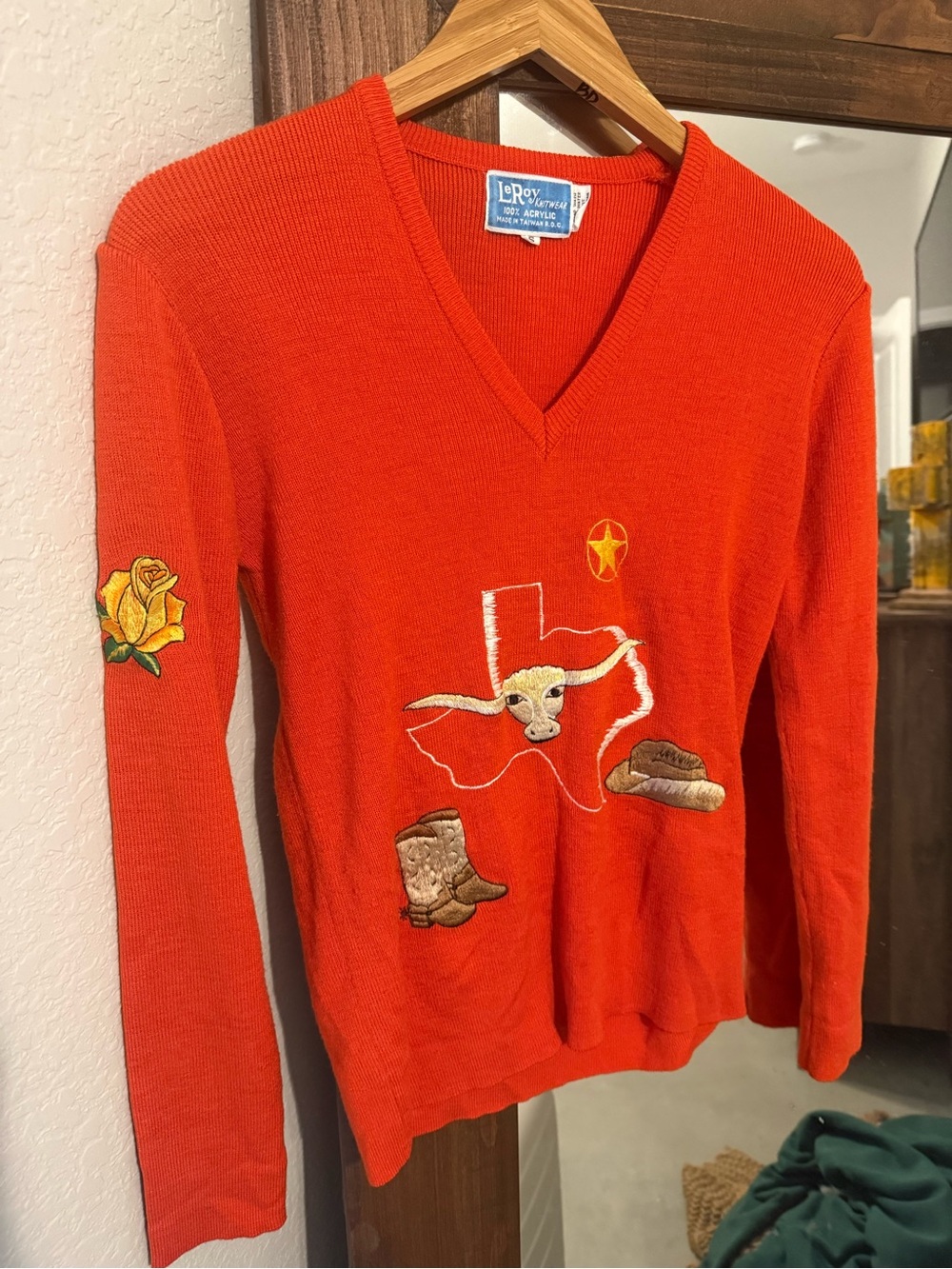 V-Neck Orange Embroidered Texas Sweater